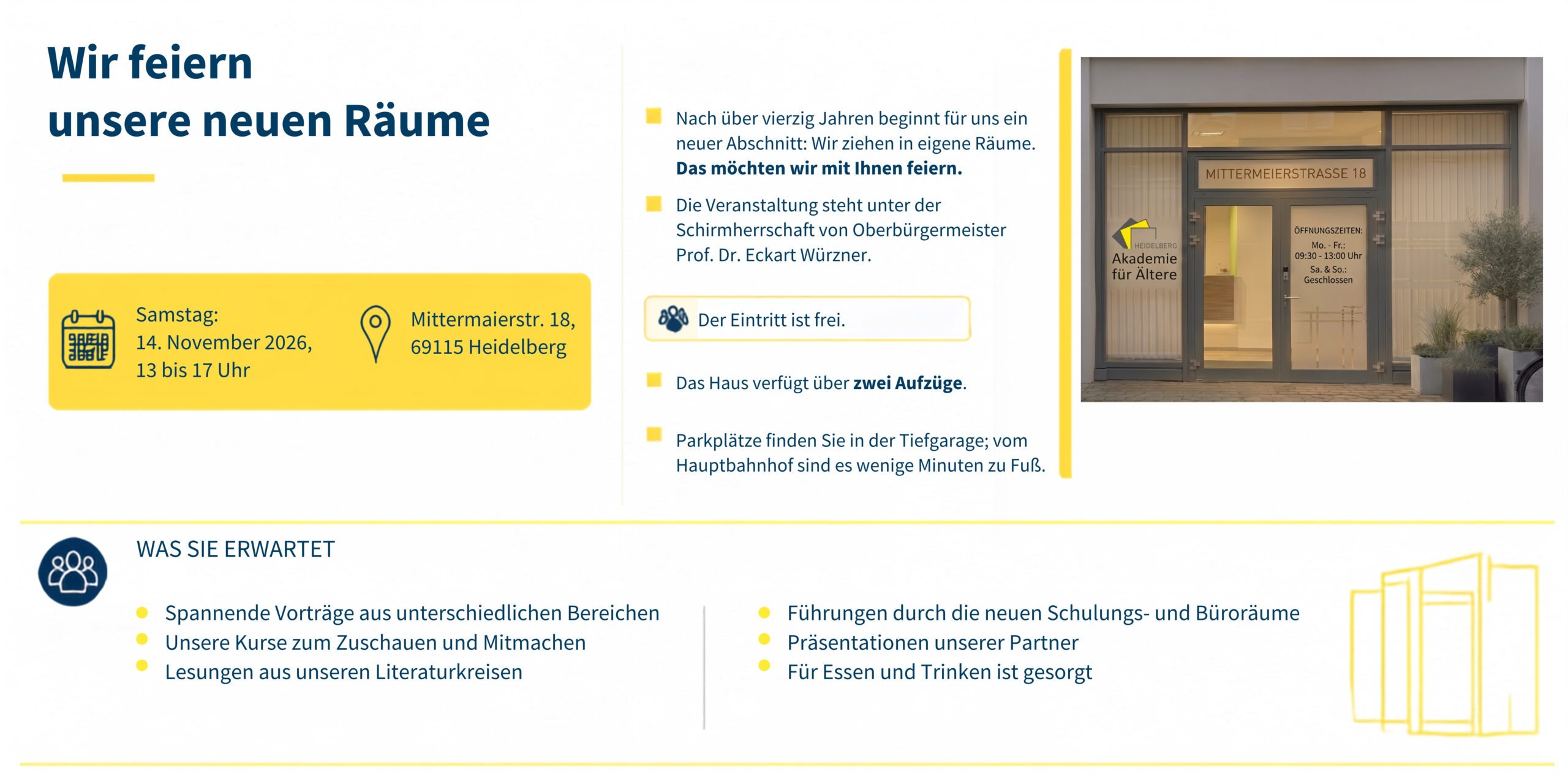 Wir feiern unsere neuen Räume – Einweihungsfeier am 14. November 2026, Mittermaierstr. 18, Heidelberg